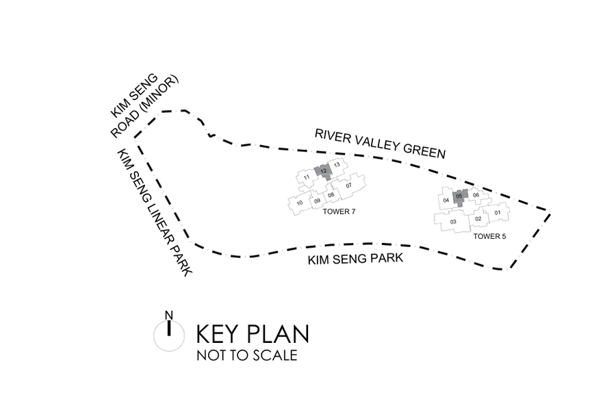The key plan printed on every River Modern floor plan: Tower 7 with stacks 07 to 13 and Tower 5 with stacks 01 to 06, between River Valley Green and Kim Seng Park