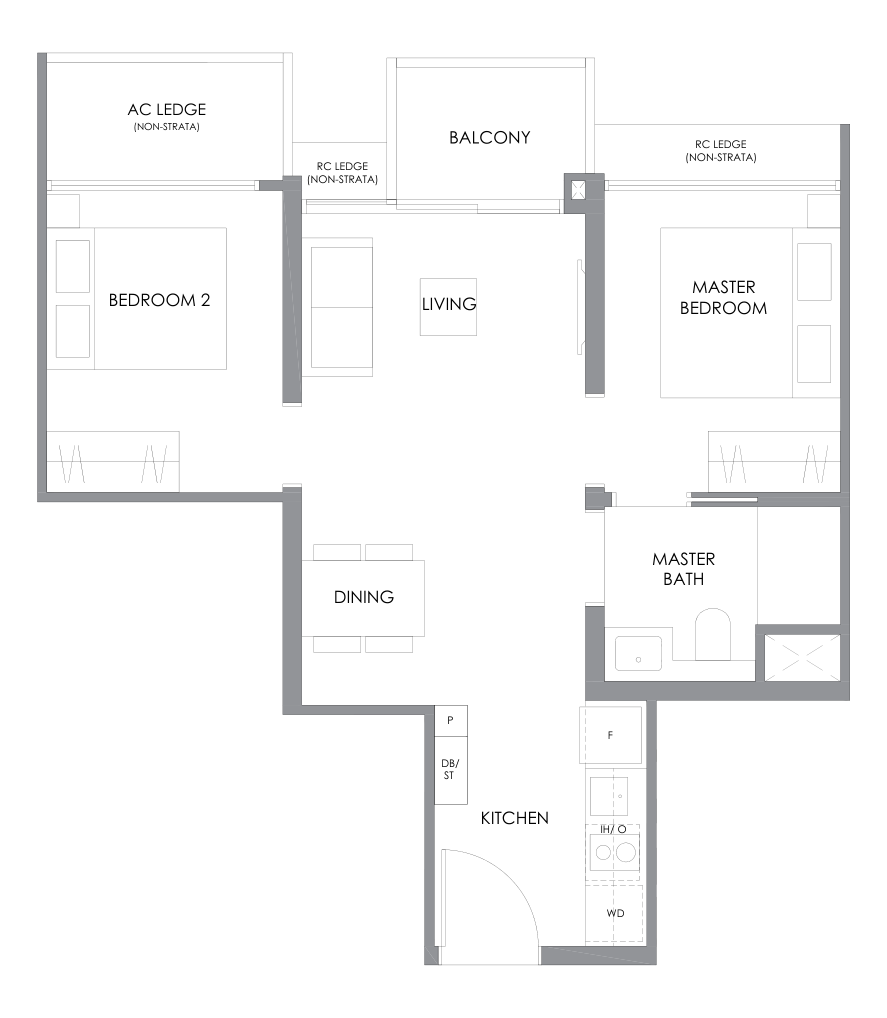 River Modern type B1 floor plan, 2 Bedroom, 538 square feet