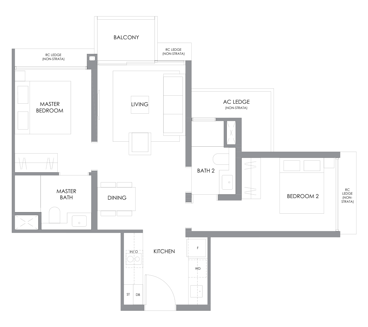 River Modern type B2 floor plan, 2 Bedroom, 646 square feet