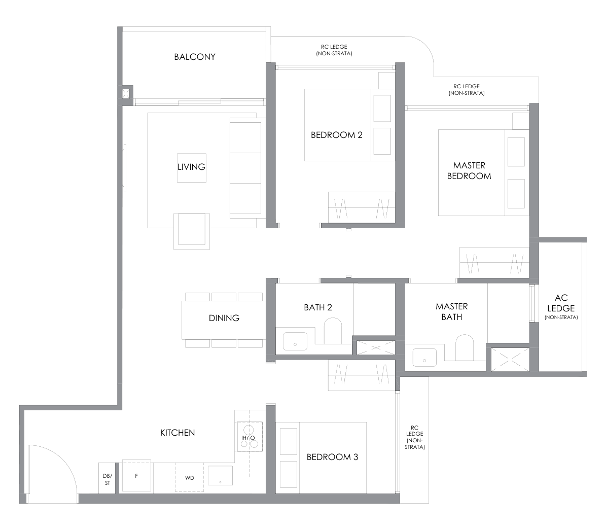 River Modern type C1 floor plan, 3 Bedroom, 797 square feet