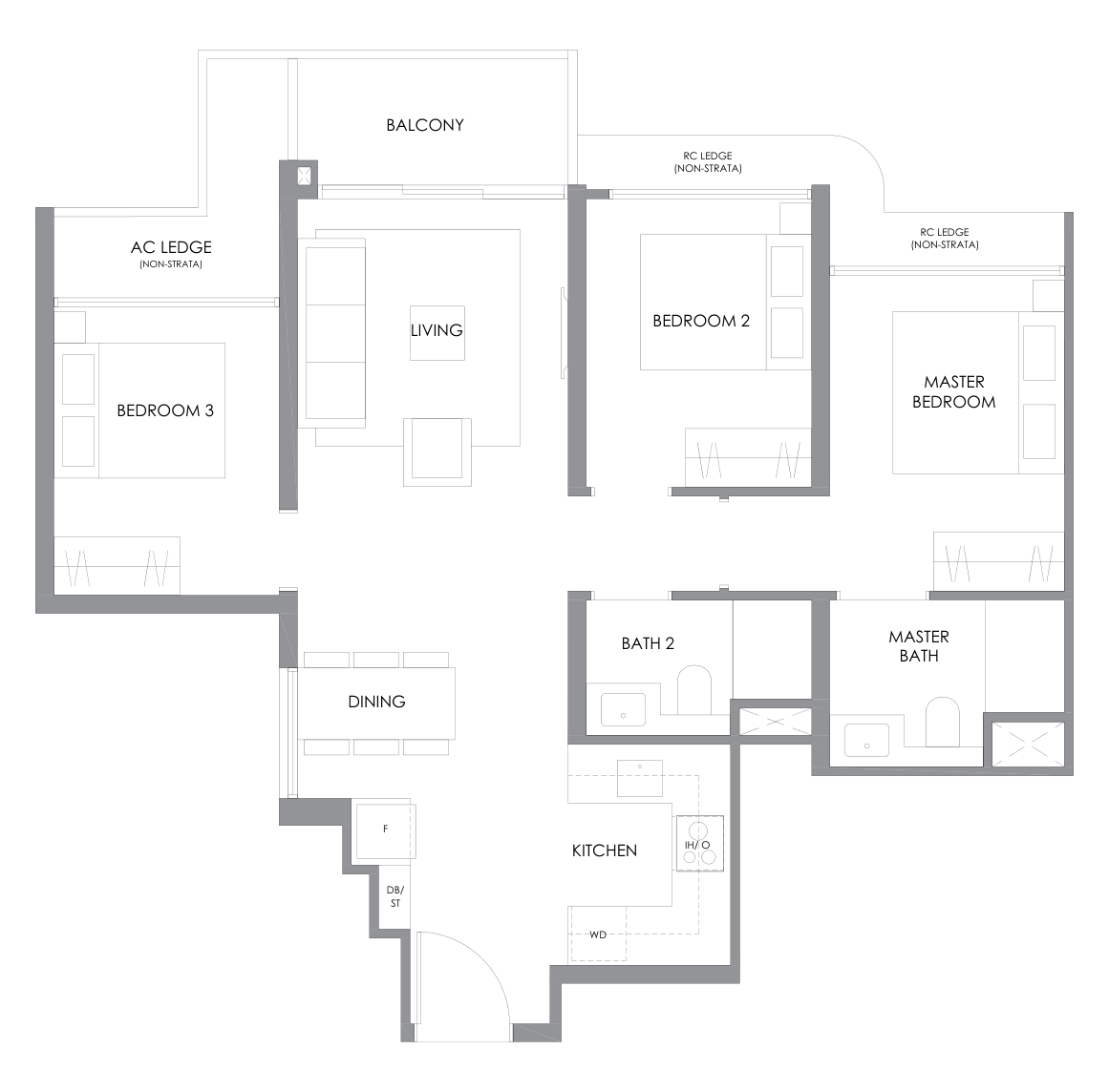 River Modern type C2 floor plan, 3 Bedroom, 829 square feet
