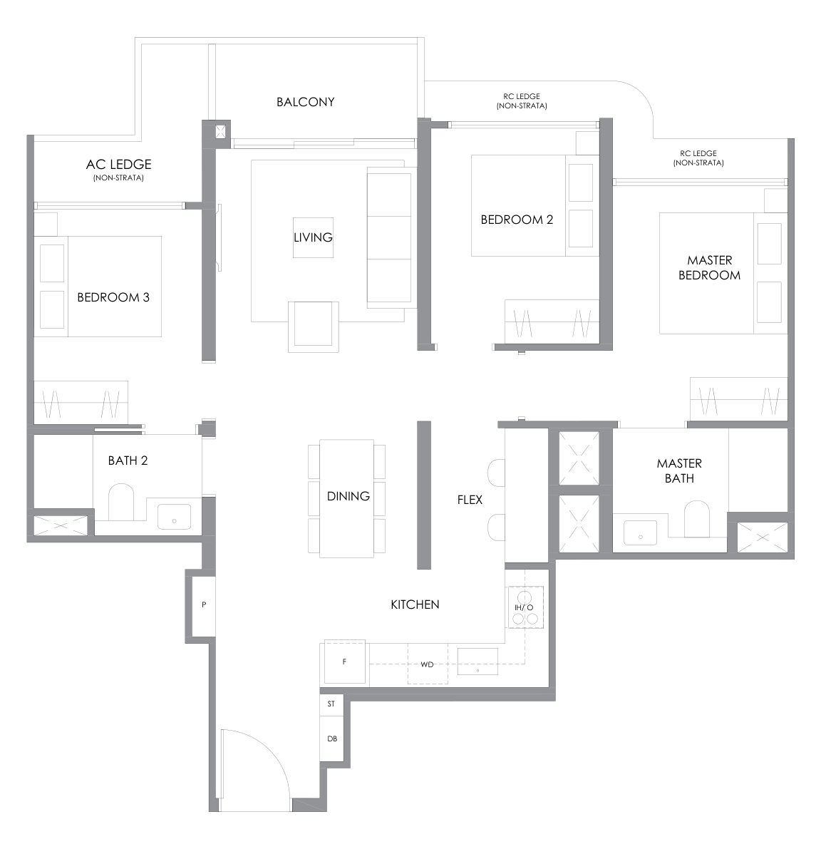 River Modern type C3 floor plan, 3 Bedroom, 893 square feet