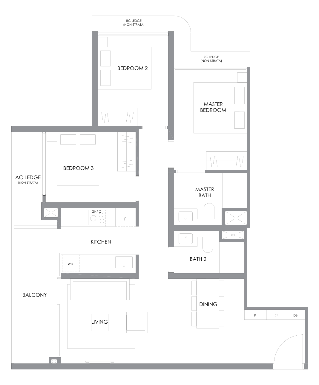 River Modern type C4 floor plan, 3 Bedroom, 904 square feet