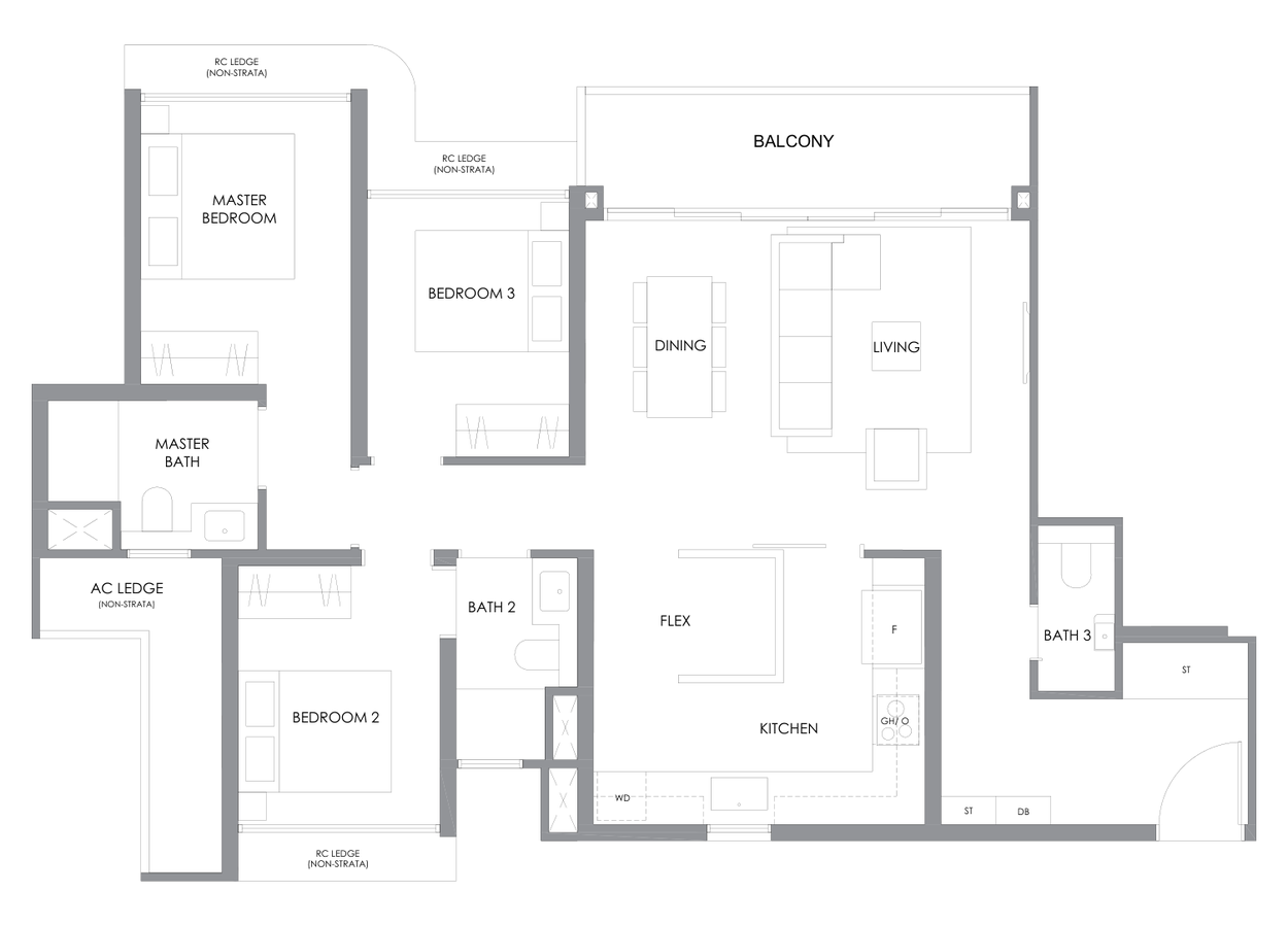 River Modern type C6 floor plan, 3 Bedroom, 1,109 square feet
