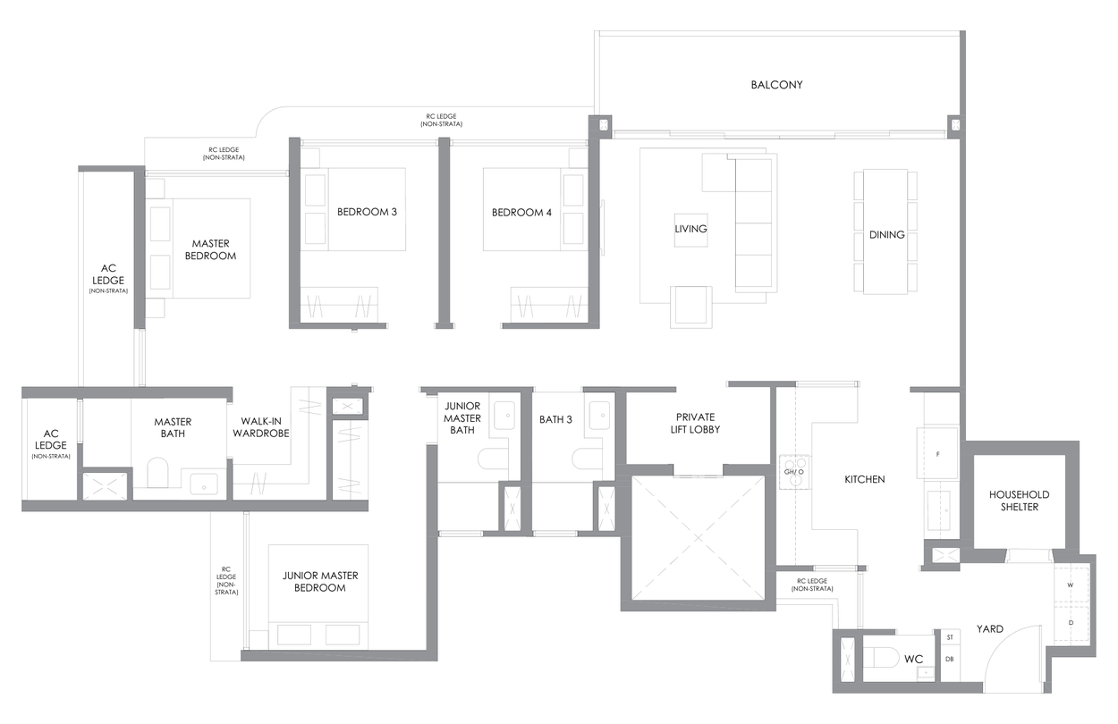 River Modern type D1 floor plan, 4 Bedroom, 1,464 square feet