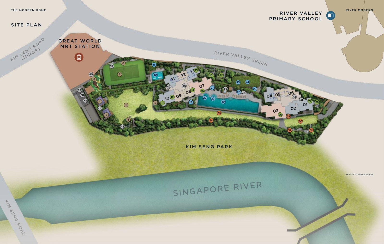 The River Modern site plan: two towers between Kim Seng Park and River Valley Green, with Great World MRT station at the western end and River Valley Primary School across the road